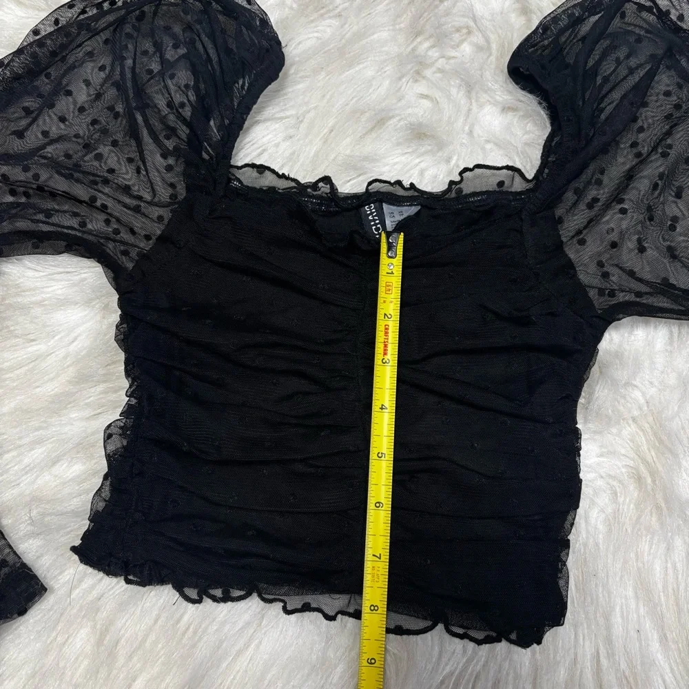 Divided Black Tulle / Lace Velvet Polka Dot Rouched Long Sleeve Crop Top size XS